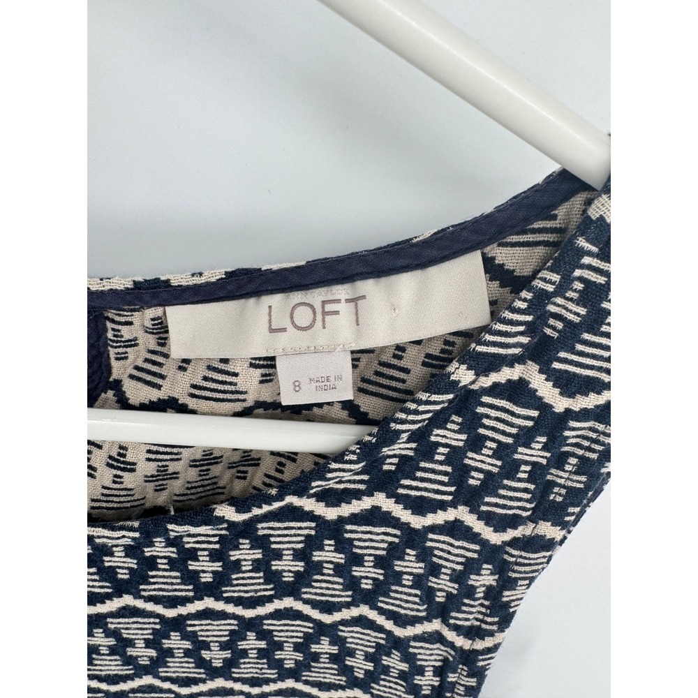 LOFT Navy Blue Cream Geometric Jacquard Sleeveless Shift Dress Womens 8 Tie Back - Picture 4 of 8